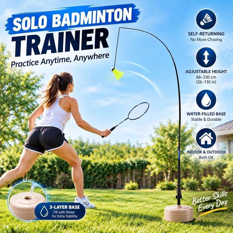Badminton Shuttlecock - Solo-Badminton-Trainer mit Selbstrücklauf-Federball, elastischer Stange und